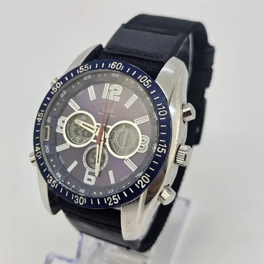 US POLO ASSN Analog Digital Men's Watch 45MM New Black Canvas Bands New Battery‎